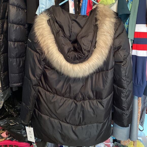 DKNY Faux Fur Trim Hooded Puffer Coat - Picture 2 of 15